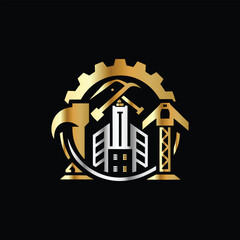 Engineering and Construction Logo with gear and building. Vector Illustration. Real Estate, Building, Construction and Architecture Logo Icon Vector Template. Abstract Creative Symbol for Corporate 