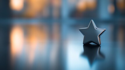 A reflective metallic star is resting on a dark surface