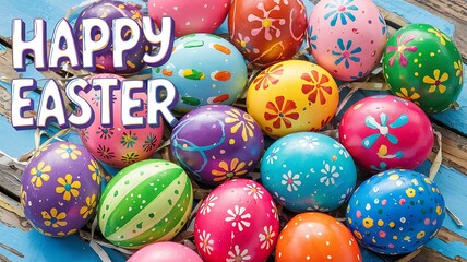 Fototapeta premium Vibrant Hand-Painted Easter Eggs with Unique Artistic Patterns Colorful Designs Arranged on Rustic Blue Wooden Surface with Festive Spring Elements for a Cheerful and Joyful Easter Holiday Celebration