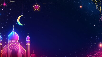 A colorful neon illuminated mosque and celestial body themed illustration