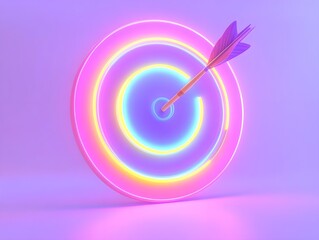 A colorful neon target with an arrow in the center, set against a pastel purple background. The scene is illuminated by soft light and features a gradient effect that adds depth to the composition.
