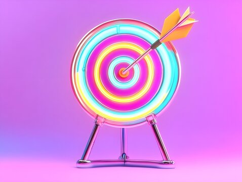 A colorful neon target with an arrow in the center, set against a pastel purple background. The scene is illuminated by soft light and features a gradient effect that adds depth to the composition.