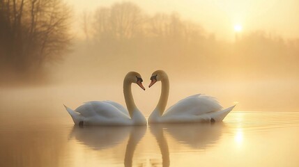 A Romantic Encounter: Swans Forming a Heart on a Misty Golden Lake at Sunrise