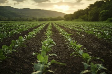 Obraz premium Rows of Young Green Cabbage Plants Growing in Farm Field at Sunset