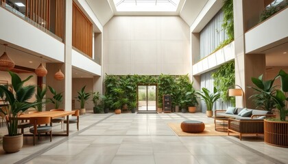 Obraz premium Modern Lobby Interior Design Featuring Lush Greenery and Natural Light