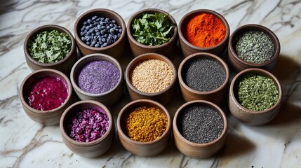 Colorful Collection of Spices and Herbs in Wooden Bowls on Marble