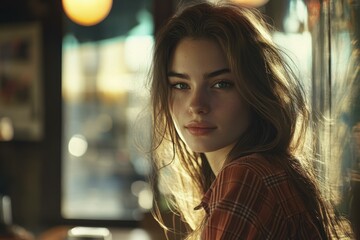 Fototapeta premium Natural portrait of a beautiful thoughtful woman with green eyes and brown hair sitting indoors near window with bokeh lights