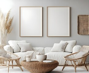 Two large blank wall art frame mockups on the same gray wall, in a modern living room with a white sofa and coffee table, neutral tones, cozy but minimalistic decor.