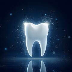 A white tooth model floating in space, against a dark blue background, with high-resolution, glowing, and sparkling effects. A close-up of a white molar teeth model.