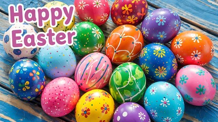 Fototapeta premium Vibrant Hand-Painted Easter Eggs with Unique Artistic Patterns Colorful Designs Arranged on Rustic Blue Wooden Surface with Festive Spring Elements for a Cheerful and Joyful Easter Holiday Celebration