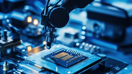 A robotic arm in an advanced laboratory for artificial intelligence, assembling neural network processors with micro-precision for AI development, AI-tech style