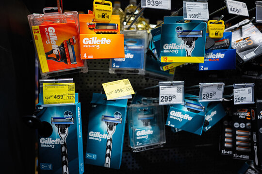 Variety of Gillette Razor Products Displayed on a Retail Shelf in Packaging