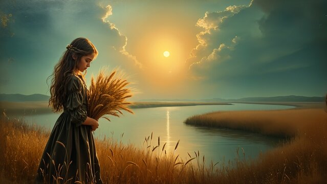 Young woman in arable field with sheaf of barley beside river