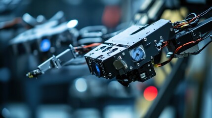 A robotic arm in an advanced military manufacturing facility, assembling autonomous drones with AI-powered guidance systems, Military-tech style