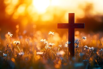 Silhouette of a wooden cross on a meadow at sunset, with copy space. An Easter concept background. Soft focus and a bokeh effect create a dreamy atmosphere. Photorealistic.