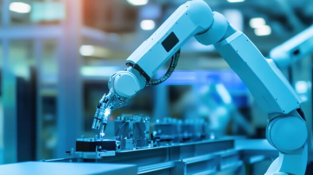 A robotic arm in an advanced robotics laboratory, assembling autonomous mobile robots for delivery systems with high efficiency, Robotics-tech style