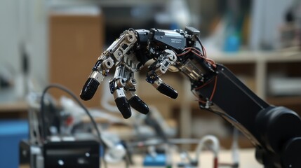 A robotic arm in an advanced robotics research lab, assembling components for industrial robotic arms with high precision, Robotics-tech style