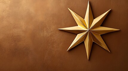 A golden star with sharp edges on a textured brown background