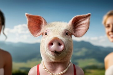 Pig wearing a pearl necklace and a red dress is standing in front of two women