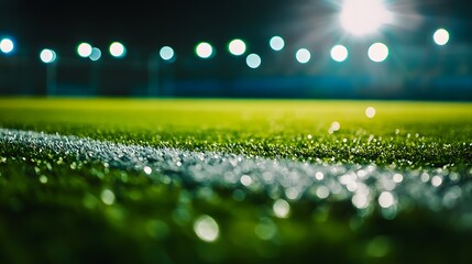 Football field under dramatic stadium lights, abstract bokeh background, capturing intensity and focus
