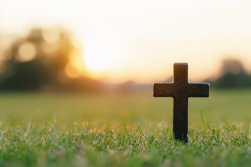 Black cross is on a grassy field with a sunset in the background