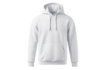 White hoodie with a hood is displayed on a white background, isolated