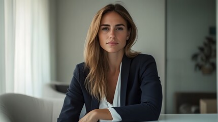 Young female executive exudes confidence in a navy blazer, seated at a modern desk, embodying professionalism and leadership