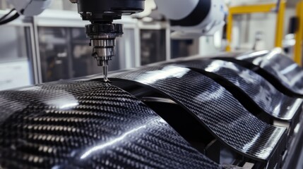 A robotic arm in an aerospace composite factory, precision-molding carbon fiber structures for supersonic jets, Aerospace style