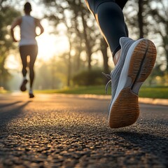 A close-up of the running shoes and legs, with a blurred park background at sunrise. A person is seen in motion on an asphalt path, wearing black leggings and gray sneakers, running towards another ru