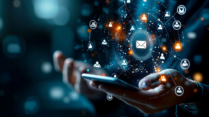 Digital Communication Universe: A person holds a smartphone, showcasing the connected world of digital messaging and networking, where data flows seamlessly.