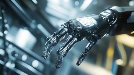 Fototapeta premium A robotic arm in an AI controlled semiconductor fabrication plant, aligning nanowire transistors for quantum computers, Quantum-tech style