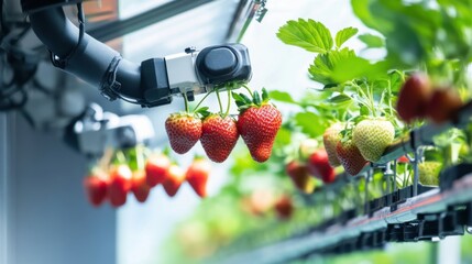 A robotic arm in an AI driven urban farming facility, harvesting fully ripened strawberries from vertical hydroponic racks, Agri-tech style