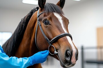 Fototapeta premium A person is holding a horse's mouth with a metal object