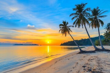 Fototapeta premium Beautiful beach with palm trees and a sunset in the background