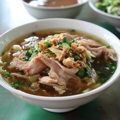A bowl of soup with meat and vegetables in it