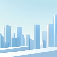 A city skyline with tall buildings and a clear blue sky