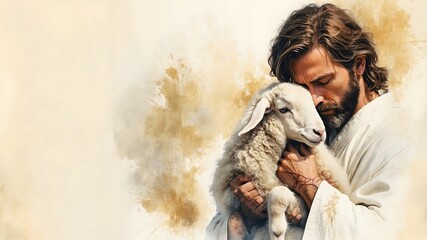 Man Holding Sheep Religious Scene Watercolor Art for Easter Projects