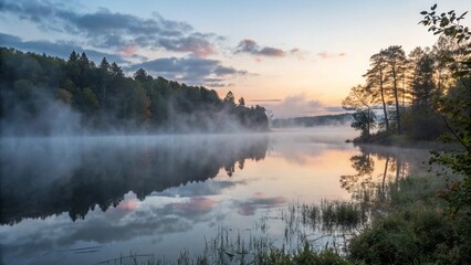 Fototapeta premium A tranquil lake at dawn with mist rising over the water, showcasing a serene natural landscape. 