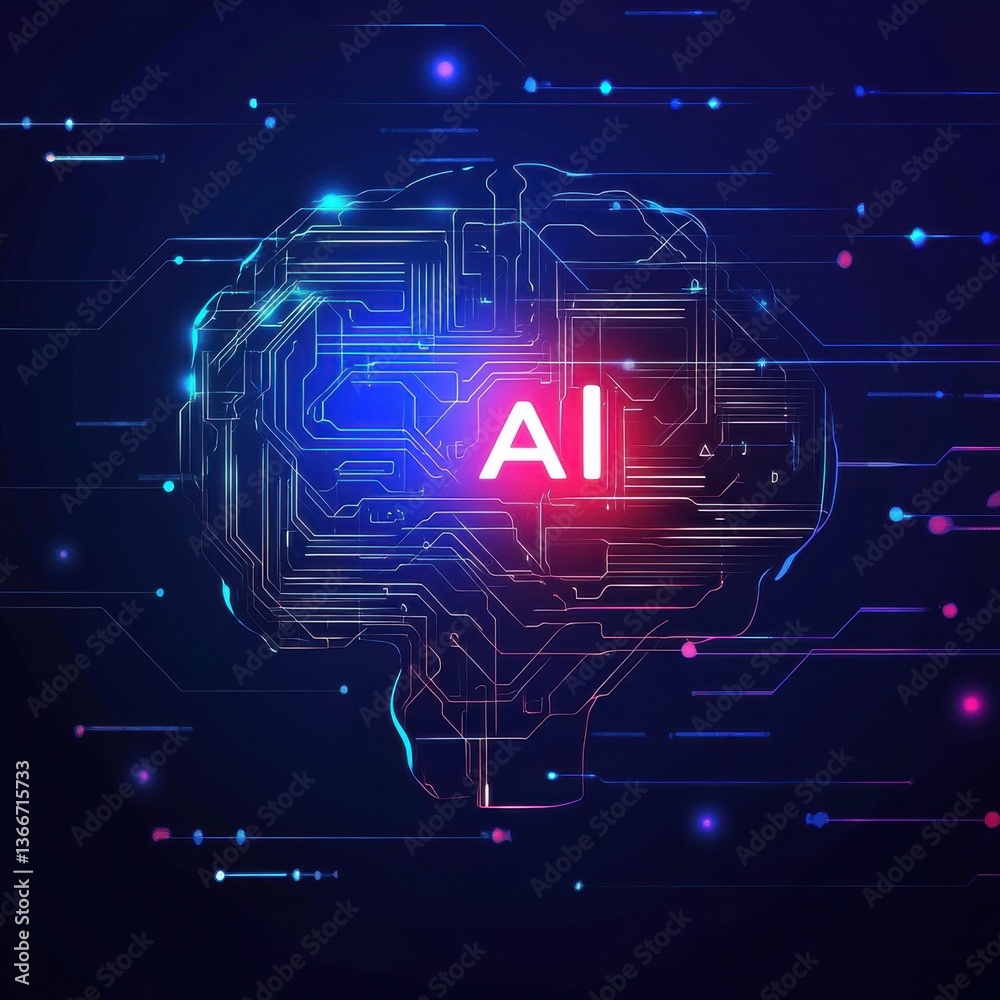 Poster a brain with a red and blue light on it that says ai