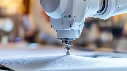 A robotic arm in an AI powered textile factory, weaving advanced fabrics for activewear with embedded sensors for health tracking, Fashion-tech style