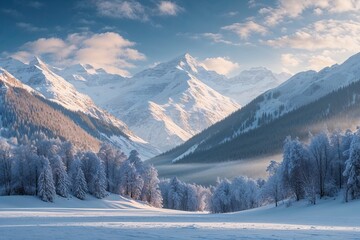 Beautiful Winter Landscape Background with Snowy Mountains and Forest