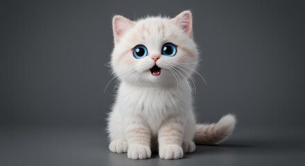 Obraz premium Adorable White Kitten Sitting with Blue Eyes Looking Upward on Grey