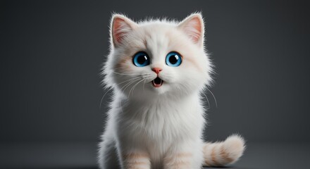 Fototapeta premium Cute White Kitten with Blue Eyes Looking Curious on Gray Background