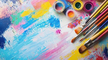 Fototapeta premium A painting with a variety of colors and brushes on a white background