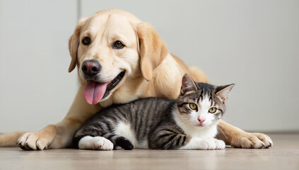 Obraz premium Playful Puppy and Cuddly Kitten Relaxing Together in a Cozy Home
