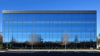 Obraz premium A large glass building with trees in front of it