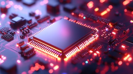 Obraz premium A futuristic microprocessor with glowing circuits and AI-powered processing units.