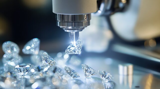A robotic arm in an automated gemstone cutting workshop, precisely shaping and polishing diamonds for high-end jewelry, Craftsmanship-tech style