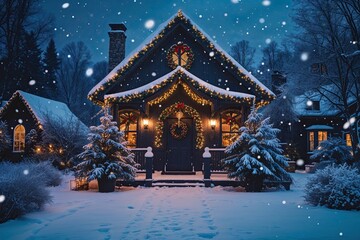 Merry Holiday Winterscape with Snowfall and Indigo Setting