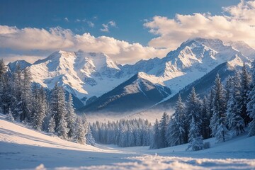 Stunning Winter Landscape Scenic View with Snow-Capped Mountains and Dense Forest